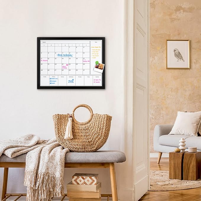 3-in-1 Dry Erase Calendar for Wall, 17x13 inches Magnetic Surface Monthly & Weekly Planner Whiteboard, Dry Erase Board with Black Wood Frame, Hanging White Board Calendar(YL+ZL-BK,4333)