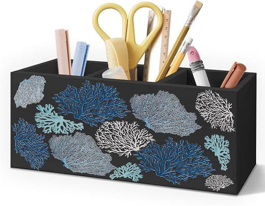 Coastal Beach Coral Pen Pencil Holder for Desk, Beach Office Decor, Ocean Nautical Blue Coral Wooden Box Decorative Sign for Home Office Desk Tabletop Decor