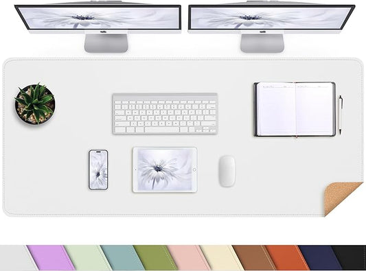 AFIING Leather Desk Pad Protector, Large Desk Mat with Natural Cork & PU Leather, Mouse Pad, Non-Slip, Waterproof Desk Writing Pad for Office and Home (White)