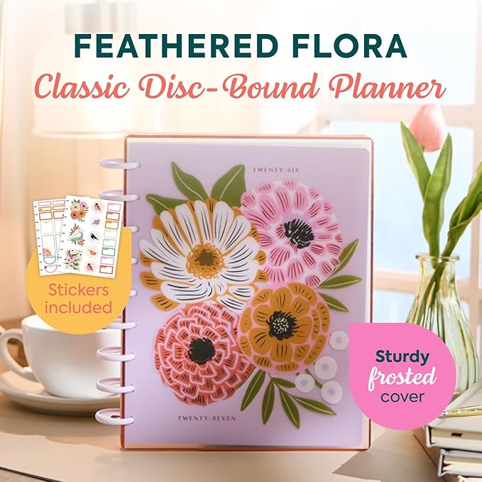 Happy Planner Disc-Bound Planner July 2026–June 2027, Includes 3 Extra Months and 2 Sticker Sheets, Classic Size, 7" x 9.25", Horizontal Layout, Feathered Flora