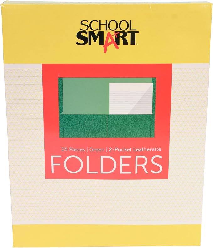 School Smart Extra-Large Folders with Pockets, 9 x 12 Inches, Green, Pack of 25
