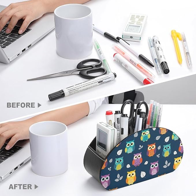 Desk Organizer and Remote Holder, 5-Compartment PU Leather Storage Box for TV Controllers, Office, and Home Supplies, Cute Owl