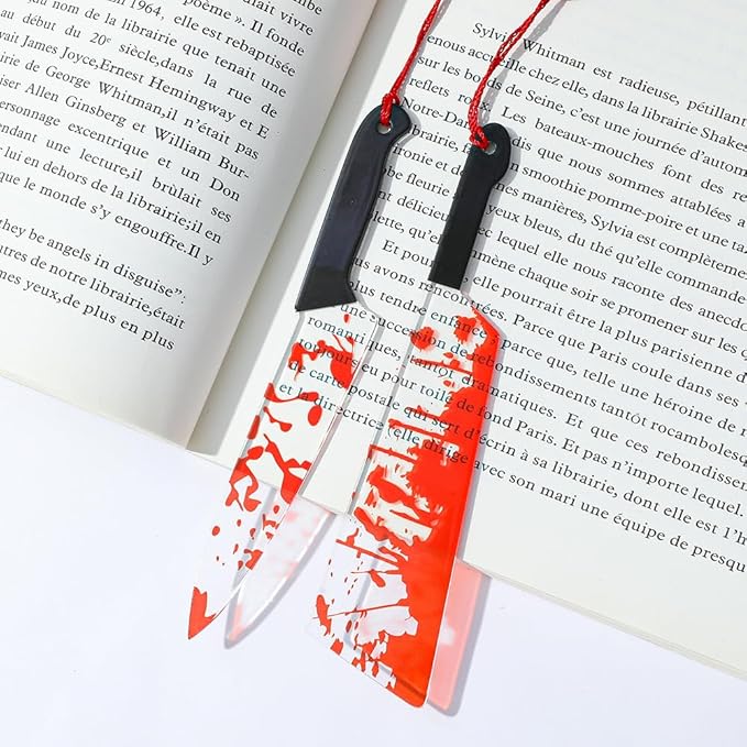 Horror Novelty Bookmark Set - 6 Creepy Tool Shapes with Blood Stain Design, Gothic Book Accessories for Halloween Gifts, Macabre Metal Page Holders with Red Tassels (6Pcs Tools of Terror)
