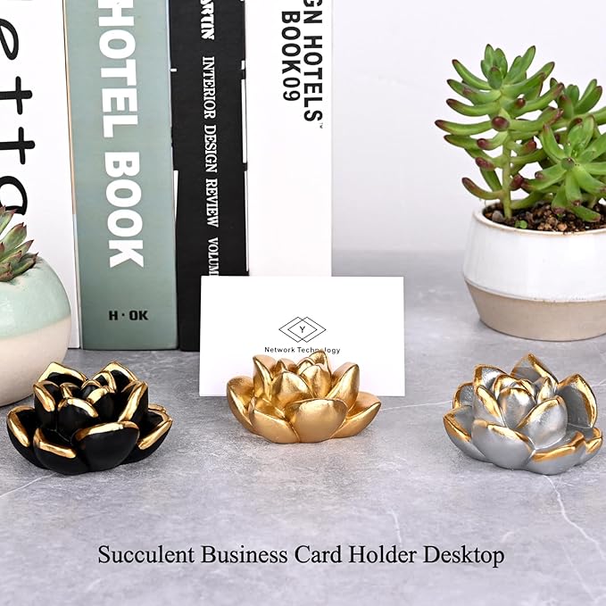 Resin Succulent Business Card Holder - Gold, Silver, Black Set of 3 - Modern Desk Organizer and Card Display Stand for Office & Home - Vertical Name Card Holders - Handmade Unique Gift & Desk Decor