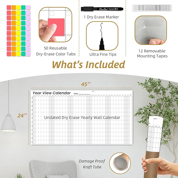 Large Dry Erase Wall Calendar - 24"x 45" Undated 12-Month Yearly Wall Calendar for Home, Office, Classroom - 50 Reusable Dry Erase Color Tabs Included