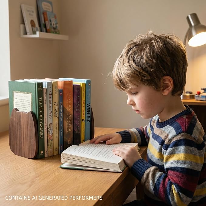 Cute Kitten-Shaped Book Ends for Shelves, Detachable Design Bookends for Heavy Books, with Anti-Slip Foam Pads, an Ideal Gift for Book Fans (Pack of 2,Beech Wood Kitten)