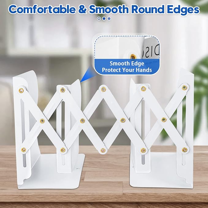 2PCS Heavy Duty Book End to Hold Books, Adjustable Bookends Book Holder for Shelves, White Book Organizer for Desk, Sturdy & Flexible - Metal Book Ends Binder Holder for Tabletop