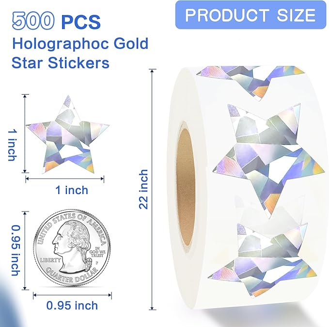 Siliver Star Stickers for Kids Reward,Self-Adhesive Good Foil Star Stickers,Glitter Star Stickers Large 1 Inch,Holographic Stickers Chart for Kids Behavior,Students Teacher School Classroom 500 Pcs