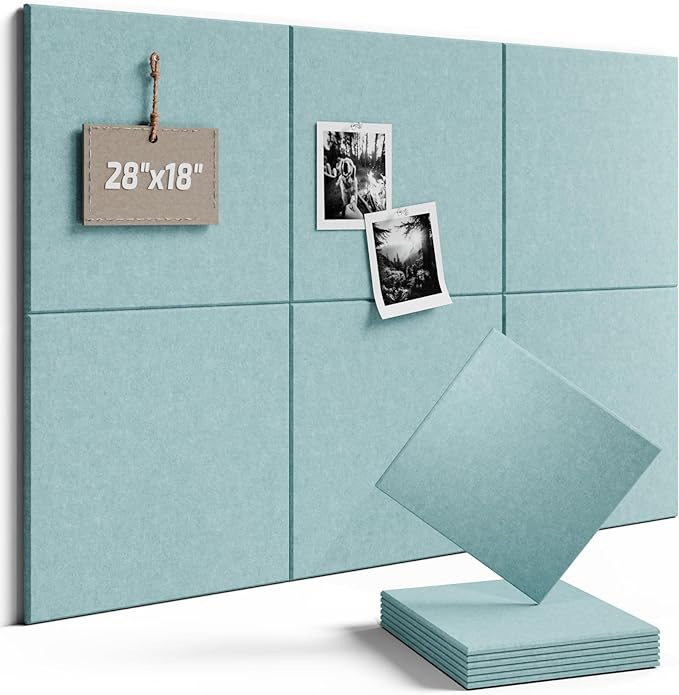Fluxynara Felt Bulletin Board Tiles -28"x18" Cork Board Alternative for Office Decor, Push Pin Board Wall Organizer 6-Pack -Seafoam Blue