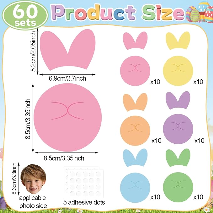60Pcs Easter Bunny Paper Cutouts Bulletin Board Decorations Colorful Rabbit DIY Photo Picture Crafts Cutouts Happy Easter Bunny Classroom Supplies for Kids School Chalkboard Home Birthday Wall Decor