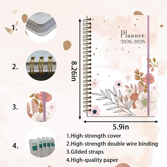 2026-2028 Planner, Three-Year Planner, Daily Plan and Monthly Plan Book, Bound with Iron Circle, A5 (8.26 "x 5.9") (Pink)