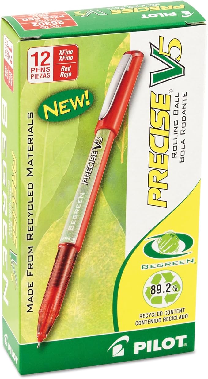 PILOT Precise V5 BeGreen Liquid Ink Rolling Ball Stick Pens, Extra Fine Point, Red Ink, 12 Count (26302)