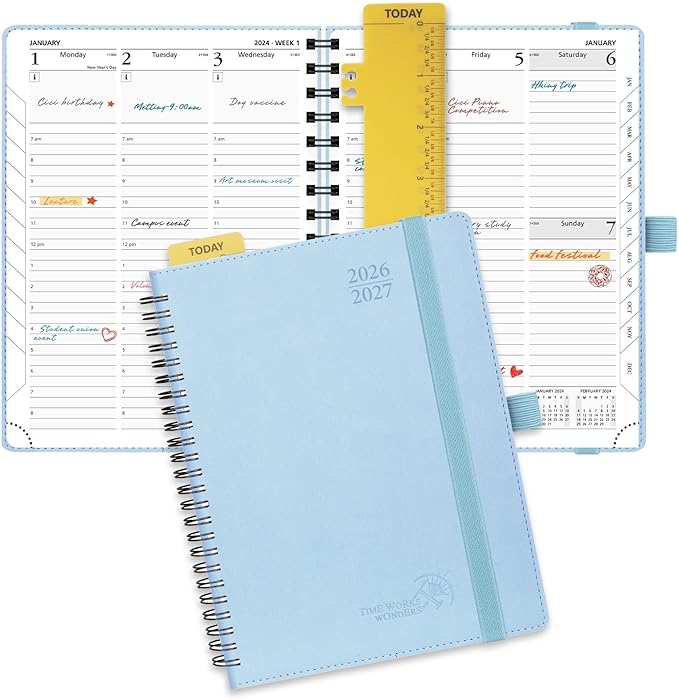 POPRUN Planner 2026-2027 (Medium - 6.5'' x 8.5'') Academic Weekly Calendar (July 2026 - June 2027) with Hourly Time Slots, Monthly Tabs, 100GSM Thick Papers, Spiral Leather Cover - Blue