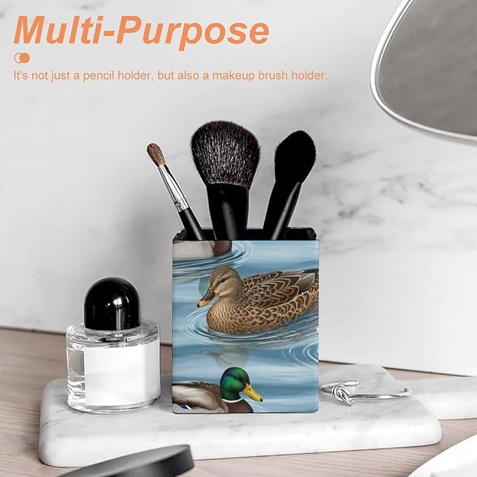 Pen Holder Square Leather Pencil, Holder Cup Makeup Brush Storage Organizer, Waterproof Multifunctional Office Supplies Blue Animals Mallard Ducks Wild Birds