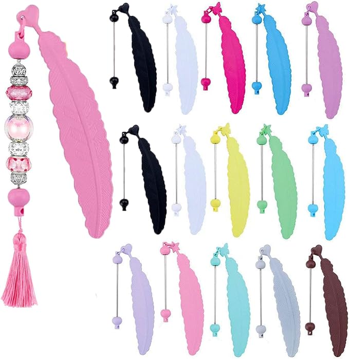 15 Packs Beadable Bookmarks with Bar Bulk Feather DIY Blank Bookmark for Beads Jewelry Pendants Charms Beading Book Make Marks Craft Colorful (13 Colors)