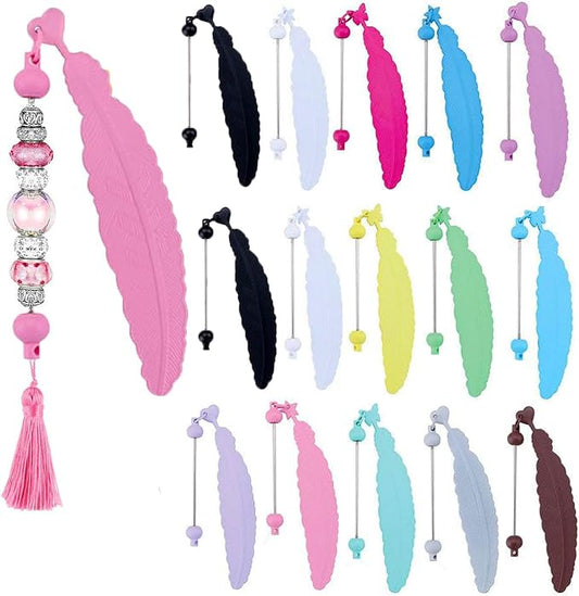 15 Packs Beadable Bookmarks with Bar Bulk Feather DIY Blank Bookmark for Beads Jewelry Pendants Charms Beading Book Make Marks Craft Colorful (13 Colors)