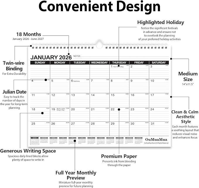 OuMuaMua Wall Calendar 2026, 3-Pack Calendar Wall 2026-2027, Jan. 2026 to Jun. 2027, 14" X 11.5" 18-Month Paper Hanging Planner Wall with Thick PaperRuled Blocks for Office Home Planning & Organizing