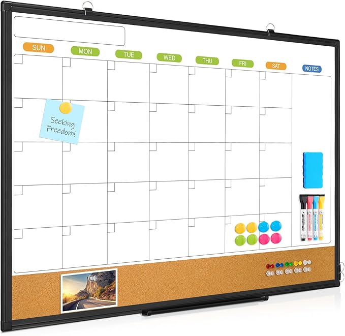 Dry Erase Calendar Whiteboard for Wall, WALGLASS 36" x 24" Double-Sided Monthly Calendar White Board Cork Combo, Black Aluminum Frame Hanging Wall Mounted Bulletin Corkboards for Home, Office, School