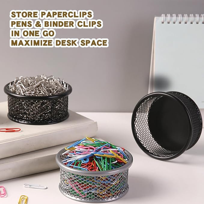 2 Pcs Paper Clip Holder Mesh Desk Organizer with Pen Tray Binder Clips Dispenser Sturdy Metal Storage Tray for Office Desktop Accessories Organizing Paperclips Pens and Small Supplies