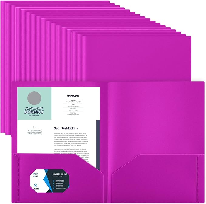 Gueevin 100 Pack Plastic Folder with Pockets, 2 Pocket Folders, Plastic Glossy Folders Fit Letter Size Paper, Heavy Duty Durable File Folder with Business Card for Home Office School (Neon Purple)