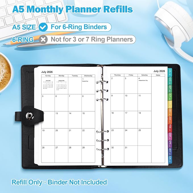2026-2029 Monthly Planner Refills: 36 Months A5 Planner Inserts for 6-Ring Binder, Runs from July 2026 to June 2029, 6-Hole Punched Calendar Inserts 2026-2029 with Tabs, 5-3/4" x 8-1/4"