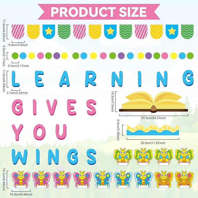 Learning Gives You Wings Bulletin Board Decorations Set Classroom Summer Butterfly Name Tags DIY Photo Cutouts Back to School Positive VBS Bulletin Board Decor for Teacher Nursery Chalkboard Wall