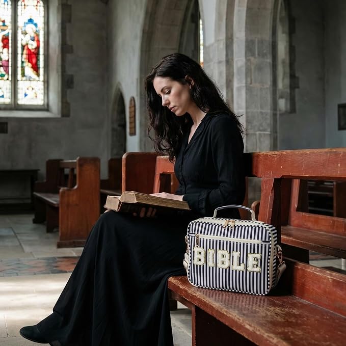 Dansydaisy Bible Cover Case for Women Large Chenille Letter Stripe Church Bible Bag with Shoulder Strap for Women(Black)