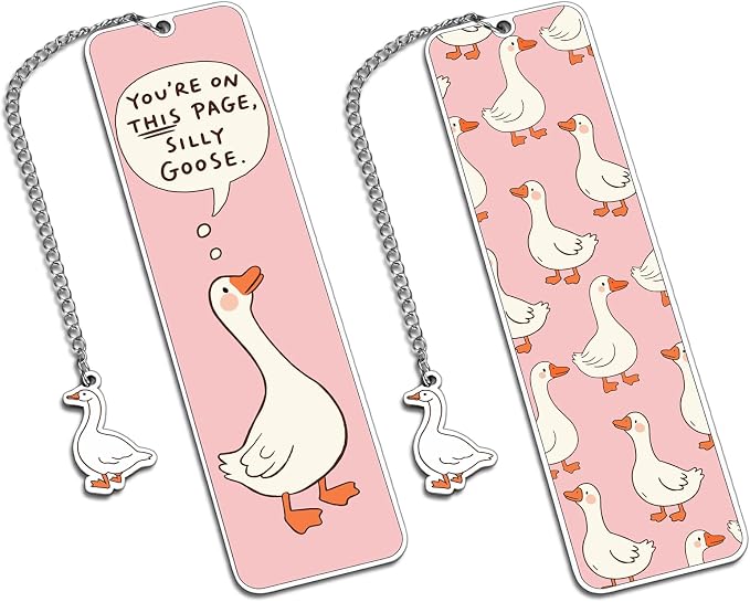 Pink Stuff Cute Bookmarks for Women Girls Book Lovers Book Marks for Reading Women Funny Book Lovers Gifts, Reading Accessories Gag Bookish Gifts for Readers Women Silly Metal Bookmarks Goose 2-Side