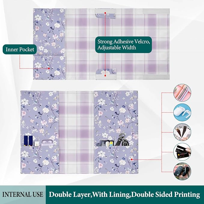 Book Cover Protector for Paperback,Adjustable Soft Canvas Fabric Book Cover with Pocket Bookmark,Double Side Print Book Dust Jacket Covers for Hardcover Book Lovers Gift Floral Purple L