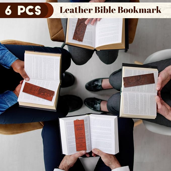 Glenmal 6 Pcs Leather Bible Verse Bookmark for Men Christian Religious Scripture Bookmarks Strong and Courageous Lion Book Marks with Inspirational Verse Christmas Father's Day Church Gifts for Men