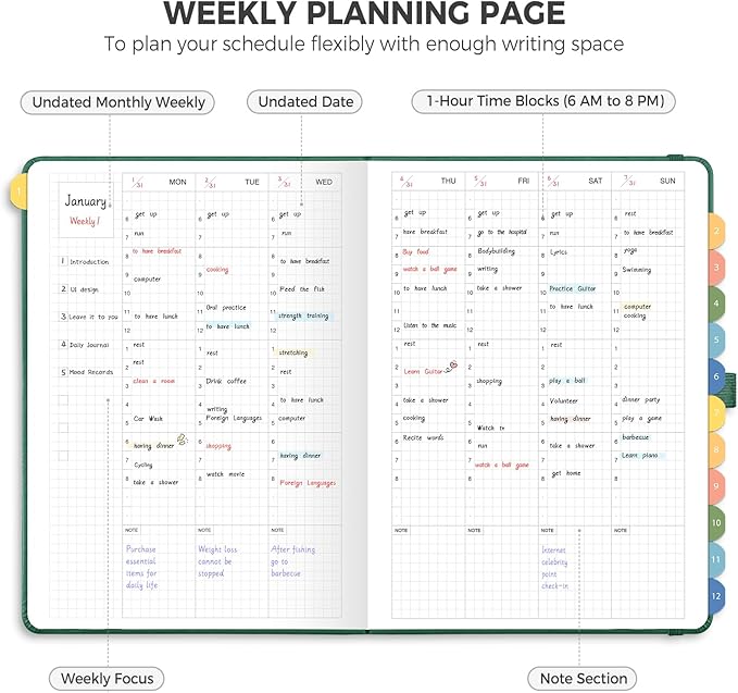 Undated Appointment Book, Hourly, Daily, 52 Weekly & 12 Monthly Planner, 6 AM - 8 PM, Medium Size (5.7" x 8.3"), Leather Hardcover, 12 Self-adhesive Monthly Tabs (Dark Green)