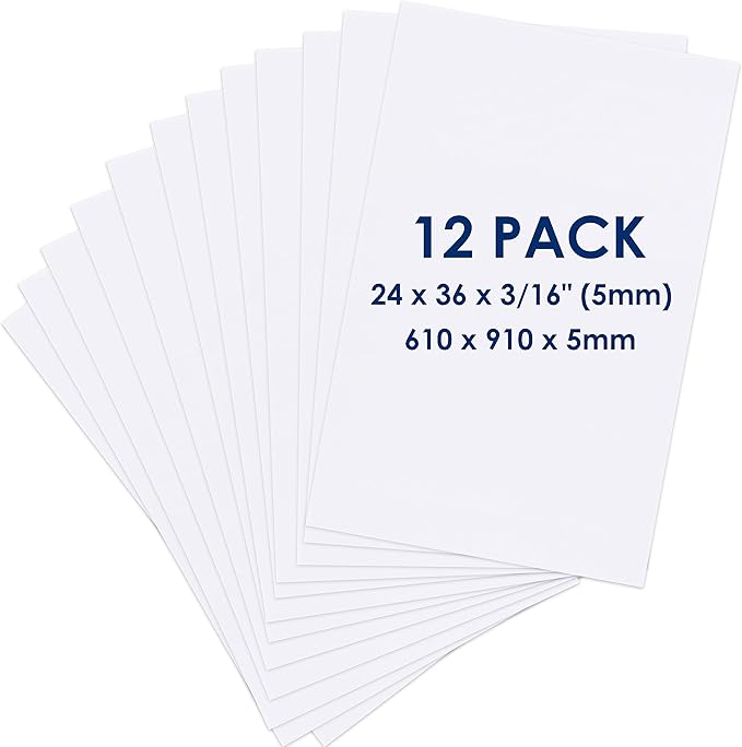 Foam Board 24 x 36 x 3/16" (5mm) - 12 Pack - White Poster Board, Acid Free, Double Sided, Rigid, Sign Board Foamboard for Mounting, Crafts, Paintings Prints, Art, Display, Presentation and Projects