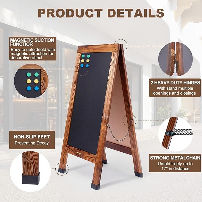 Large Sandwich A-Frame Chalkboard Sign - 40 x 20 Inches Magnetic Wooden Chalk Board for Sidewalk, Stand up Double-Sided Outdoor Easel Display for Restaurant Cafe Shop Wedding Party or Business