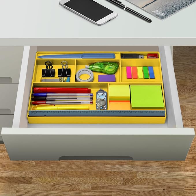 Acrimet Desk Drawer Organizer Tray with 8 Compartments – Multi-Purpose Bin for Office Supplies, Makeup, and Accessories – Fits inside Drawers or Desktops, 12.75" x 8" x 1.06" (Plastic) (Yellow Color)