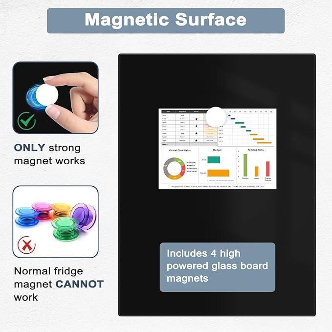 Magnetic Glass Whiteboard for Wall, 16" x 12" Glass Dry Erase Board, Frameless White Board for Home and Office - Black