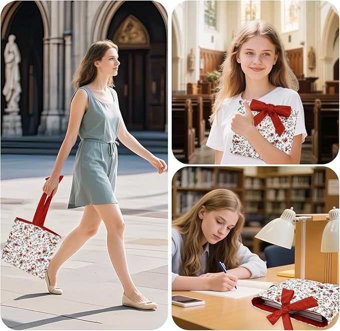 Bible Cover Case for Women,Large Bible Tote Bags for Women Organizer Quilted Bible Carrying Case(new) (Red Flowers)