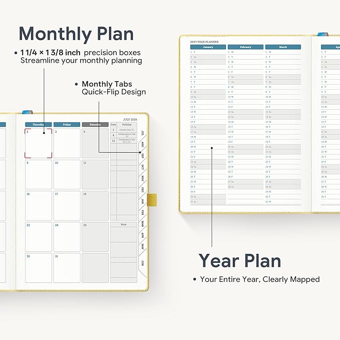 Weekly Planner 2026-2027 A5 (6.5" x 8.5") 12 Months (Jul'26 - Jun'27) Weekly & Monthly Planner with Month Tabs & Inner Pocket, Expenses/Note Pages, PU Leather Yellow