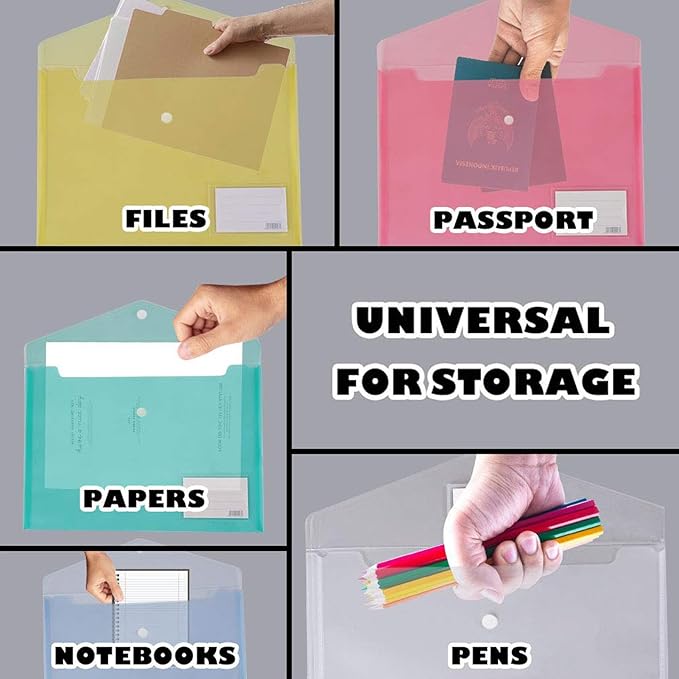 10 Pack Plastic File Folders with Pockets, Colorful Hook & Loop Closure Envelopes, Clear Poly Document Folders Letter/A4 Size, Waterproof Tear-Proof Organizers for Teacher Supplies, Office & School