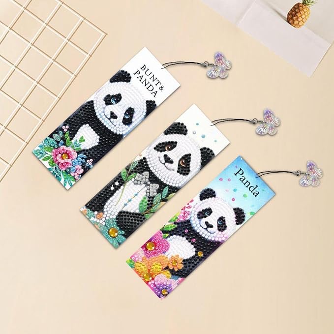 ARTopet 3Pcs DIY Diamond Art Painting Bookmarks with Colorful Butterfly Pendant PET Bookmark Ornament Double Sided Pattern Single Sided Diamond Book Marker Clip Gifts Tags-Panda