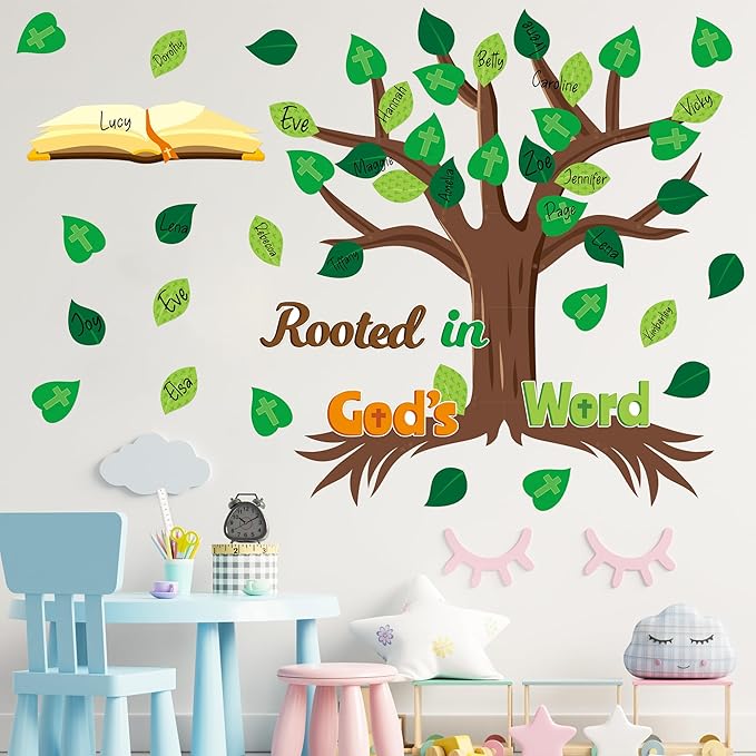 CY2SIDE Leaves Bible Tree Bulletin Board - 86PCS Rooted in God’s Word Tree Bulletin Board Set Green Leaves Name Tag Trees Cutouts Trim Borders for Faith Religious Sunday School Wall Decor