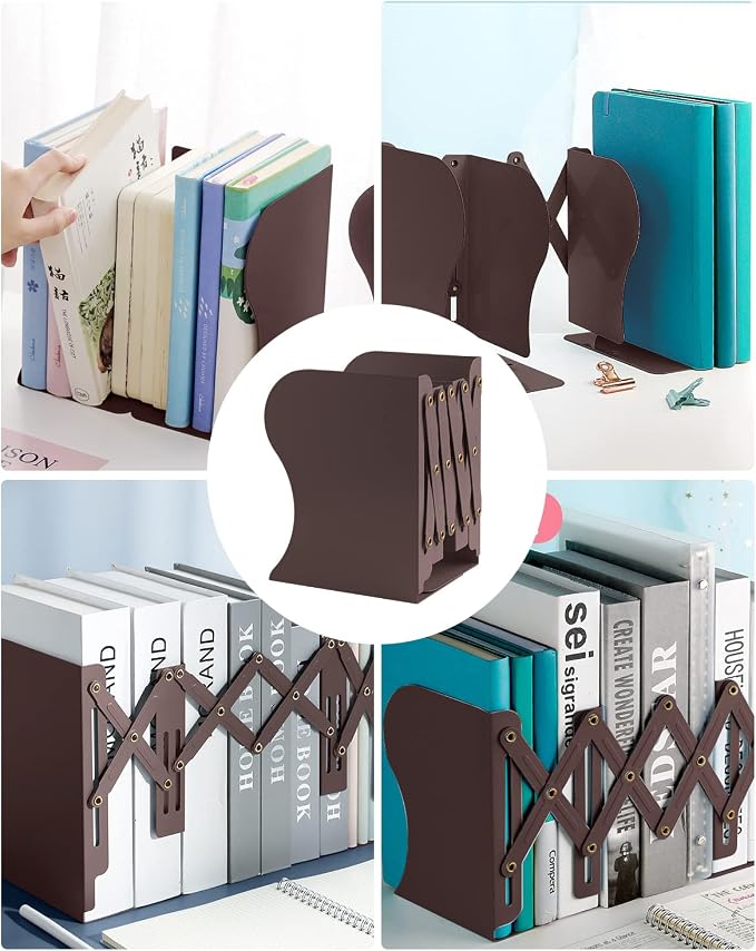 MSDADA Adjustable Bookends, Book Ends for Heavy Books, Expandable Book Organizer for Desk, Shelf, Office, School, for 6 7 8 9 10 11-15 Boys and Girls, Extends up to 19 inches (Brown)