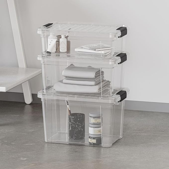 Superio Small Clear Plastic Storage Bin with Lid,Non-Toxic, BPA Free, Odor Free, Organizer Storage Box, Stackable Plastic Tote for Home, Garage, School, and Office (11 Quart, 3 Pack)