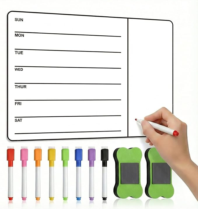 Li&Zhao Weekly Magnetic Menu Board for Refrigerator - 16x12 in Weekly Menu Board Fridge Calendar with 8 Color Markers - Magnetic Menu Board for Fridge for Meal Planning, Family Schedule Organizer