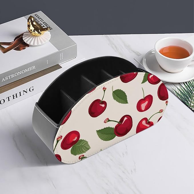 Red Cherry Pattern Remote Control Holder TV Remote Caddy with 5 Compartments PU Leather Storage Box Stylish Desk Organizer for TV/DVD/Accessories Desk Office Supplies Home