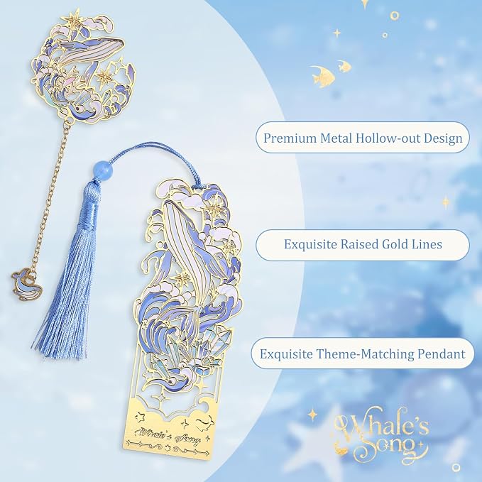 2 Pcs Metal Bookmark Gift Box, Golden Hollow Bookmarks Ocean Painting Theme Book Mark for Women, Book Lovers Writers Readers and Teens, Perfect for Birthday and Graduation Gifts(Blue)