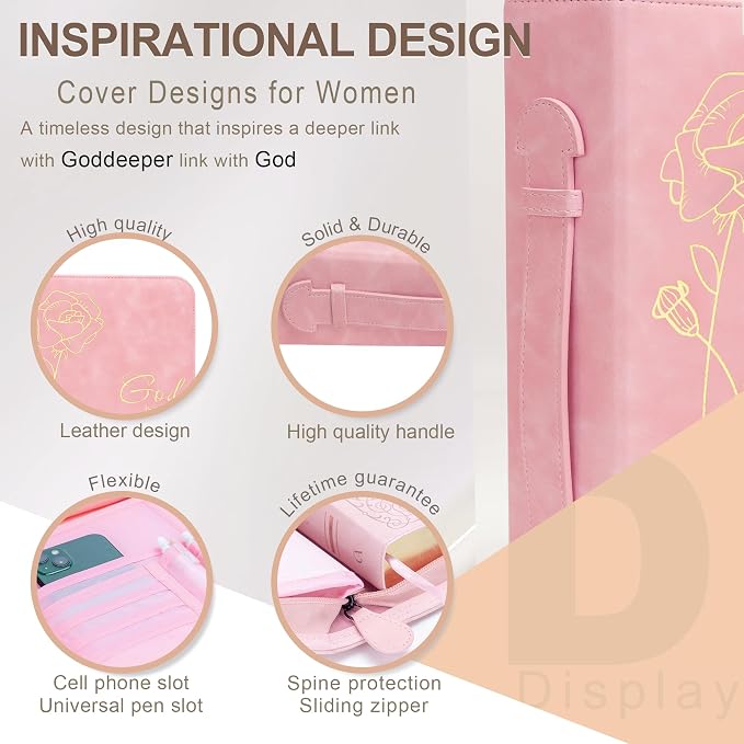 Bible Cover for Women, Bible Holder, Bible Cover Carrier Carrying Organizer Bag, God is Within Her She Will Not Fall, Zipper and Pockets for Standard Size Bible, Gift for Women(Pink-glod)