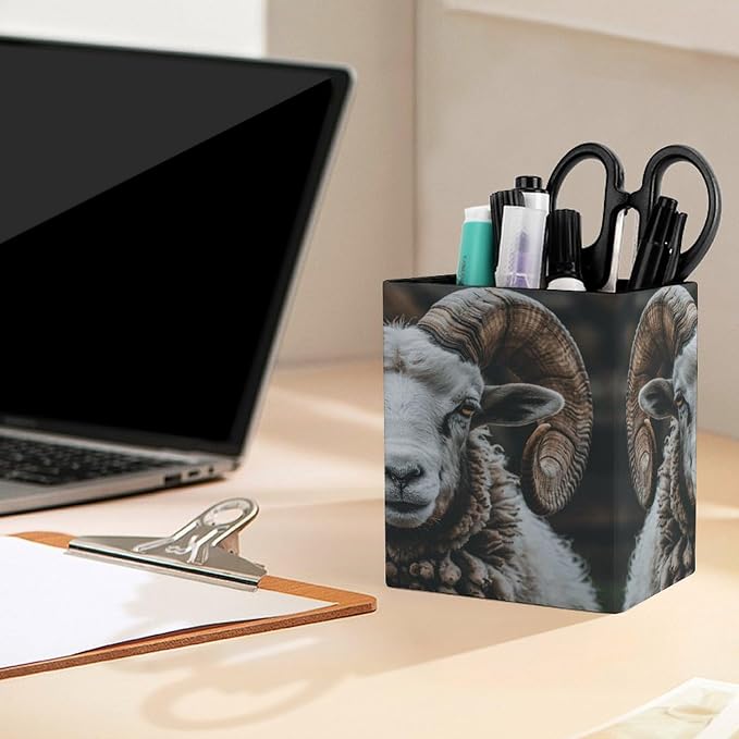 PU Leather Pencil Holder Longhorn Ram Pen Holder for Office Desk Accessories & Workspace Organizer Square Pencil Cup with Non-slip Bottom for Home Bathroom Conference Room