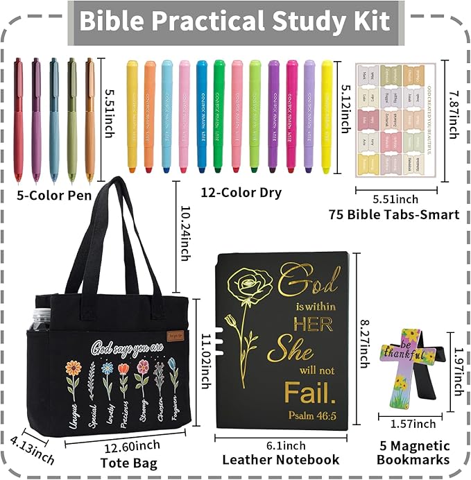 25 PCS Bible Study Supplies Kit, Large Capacity Canvas Tote Bag for Women Organizer, Bible Highlighters and Quick Dry Pens No Bleed Through, Notebook Bible Tabs Cross Bookmark Journaling Accessories