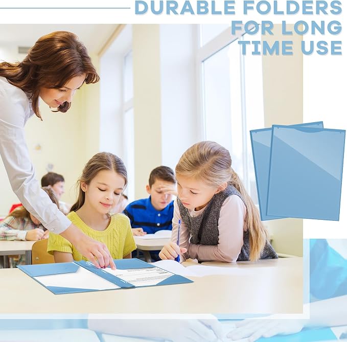 Henoyso 18 Pcs Plastic Folder with Clear Front Pocket and 3 Prong Plastic Folders with Card Slot Pocket Folders with Prongs for School Office (Haze Blue)