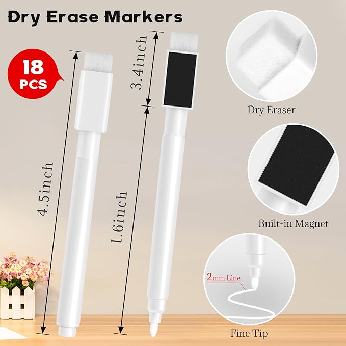 18 Pcs White Magnetic Dry Erase Markers, 4.5 Inch White Magnetic Whiteboard Pens with Eraser Cap, Fine Tip Whiteboard Markers Bulk for School, Office, Home Supplies